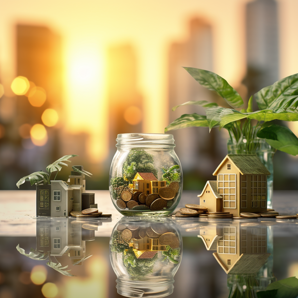 mini house in a jar with coins surrounded by plants